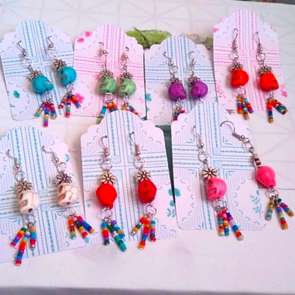 Handmade Day of the Dead skull flower earrings